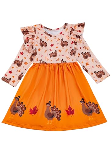 Toddler Girls Cartoon Print Dress - Kids Casual Ruffle Long Sleeve Clothes Turkey Pumpkin Ghost Fall Winter Outfits