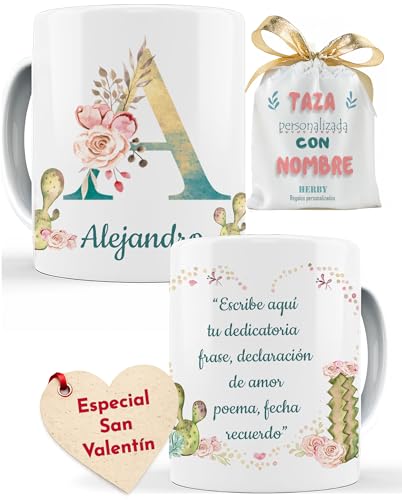 Taza personalizada con nombre inicial y dedicatoria saquito de regalo cerámica 325 ml apta para microondas y lavavajillas ideal para san valentín día de la madre (A)