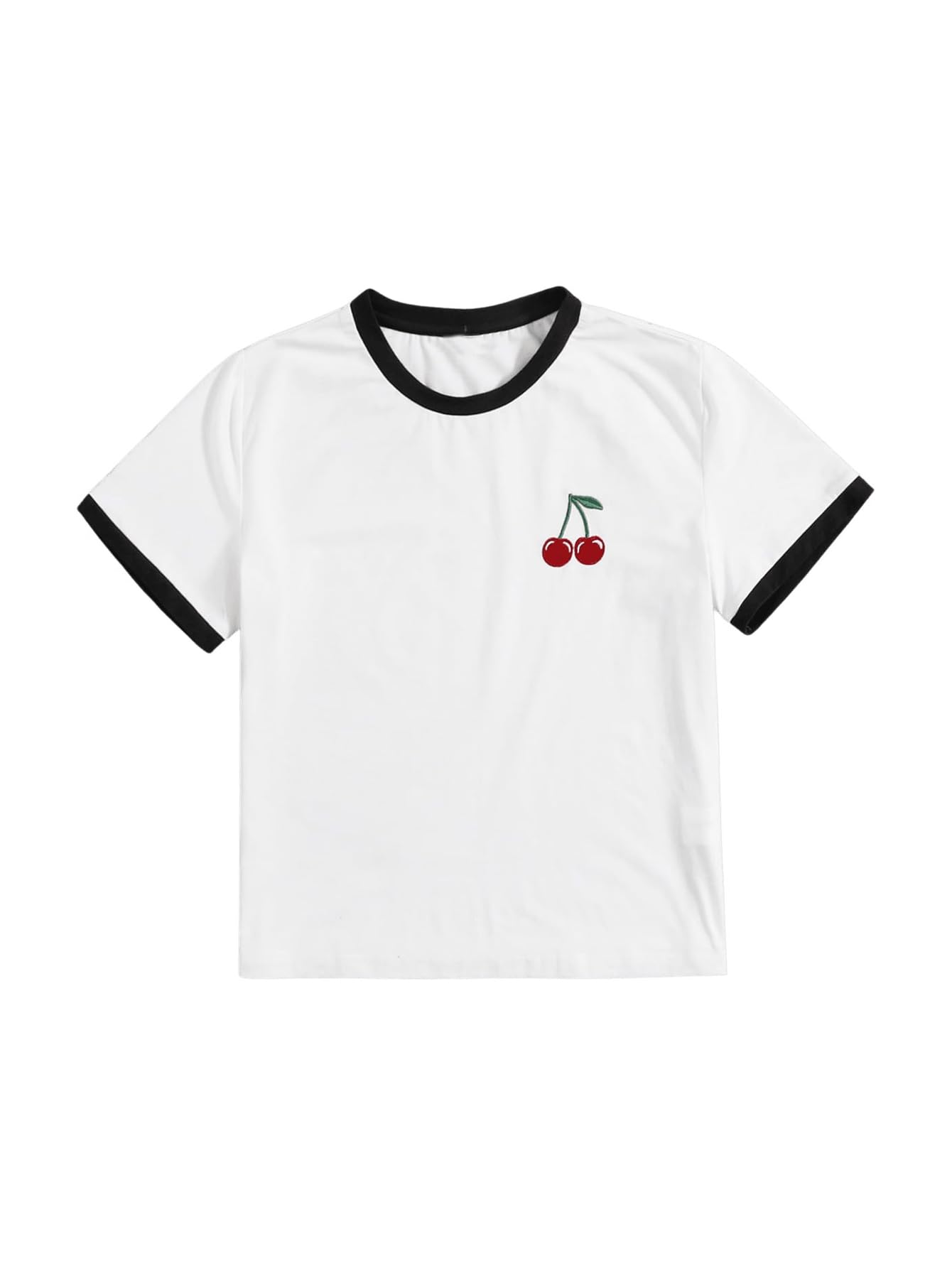 RoseSeek Women's Cherry Embroidery Print Shirt Contrast Color Neck Tee Short Sleeve Graphic Casual T Shirt Summer Tee Tops