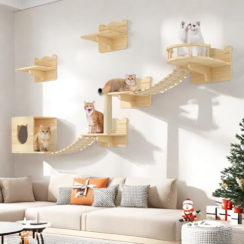 Conjunto 9 piezas estanterías de pared para gatos de madera miniatura 1
