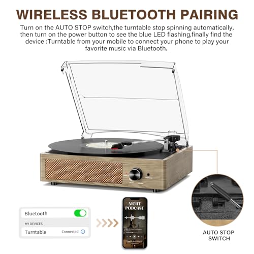 Image of Bluetooth Vinyl Record Player,3-Speed Turntable with Stereo Speakers Vintage Phonograph Record Player, with RCA Line Out AUX in Headphone Jack Grey Wood