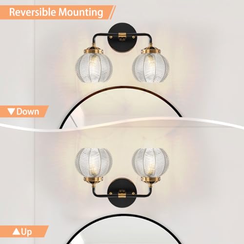Image of 2 Light Bathroom Vanity Light Clear Glass Globe Wall Sconce Lights | Black Wall Mount Light with Ribbed Glass Shade, Mid Century Modern Style E26 Base for Over Mirror Bedroom Hallway Powder room