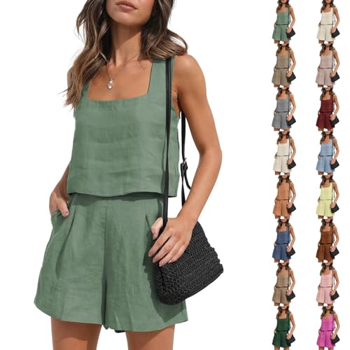 Ensemble 2 Pièces Femme Coton et Lin sans Manches Ensemble Détente Femme Ensembles Shorts et Haut Lin Vetement Femmes Ete Plage Pure Color Casual Mode Coton...