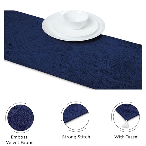 Image of Encasa XO 8 Seater Dining Embossed Velvet Table Runner | Size 32x240 cm | Navy Blue Color with Premium Polyester - Machine Washable