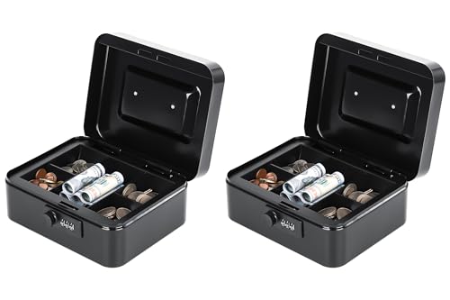 Image of KYODOLED Small Metal Combination Lock Box for Cash and Medication, 2 Pack | Keyless 3-Digit Lock, Removable Coin Tray, Storage for Bills and Small Items, Ideal for Gifting, 7.87 x 6.3 x 3.35 in, Black
