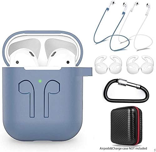 amasing AirPods Case 7 in 1 for Airpods 1&2 Accessories Kits Protective Silicone Cover for Airpod Gen1 2 (Front Led Visible) with 2 Ear Hook /2 Staps/1 Clips Tips Grips/1 Zipper Box Navy Blue