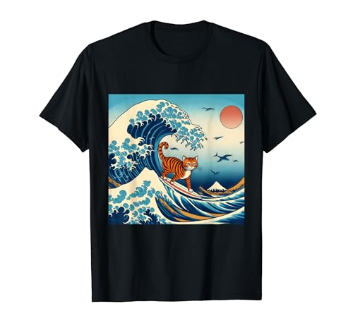 Gato Surfing Hokusai Gran Ola Fuera Kanagawa Arte Japonés Camiseta