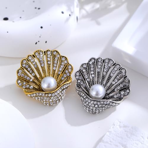 Image of Seashell Brooch Pin White Pearl Crystal Shell Lapel Pin Vintage Clam Shell Badges Women Men Suit Coat Jewelry Chic Dress Sweater Jacket Decors