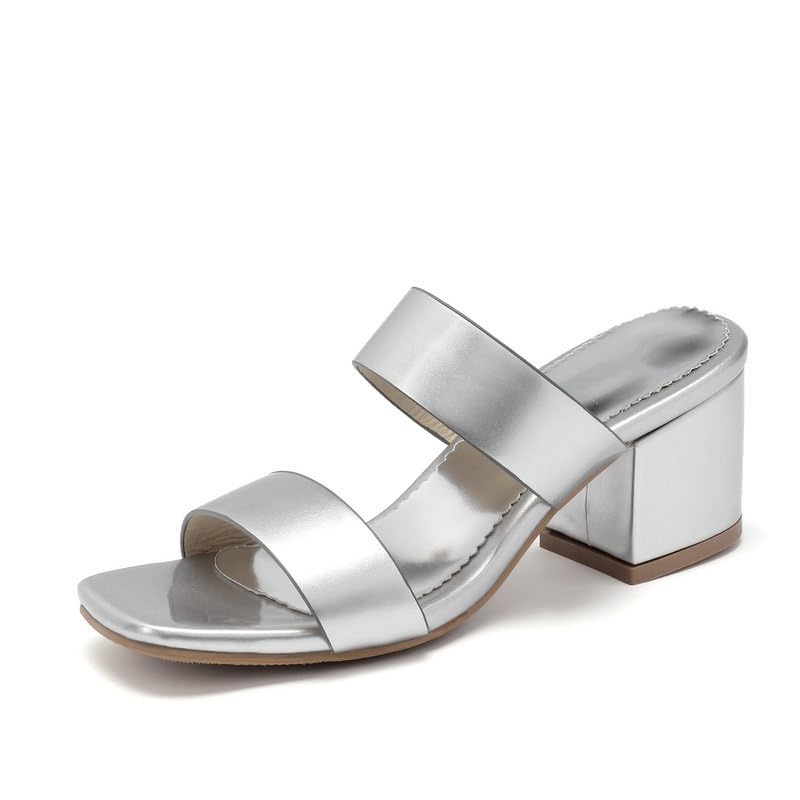 YEGBFLFF Women's Heeled Sandals Two Strap Heels Block Chunky Square Open Toe Slip on Heeled Slipper for Party Dress Daily Heels. (Silver,9)