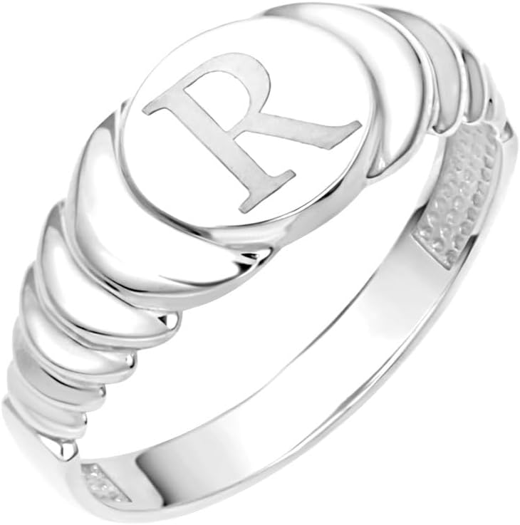 Claddagh Gold Personalized Women's .925 Sterling Silver Engravable Initial Letter A-Z Ribbed Signet Ring | Available in Sizes 4-12