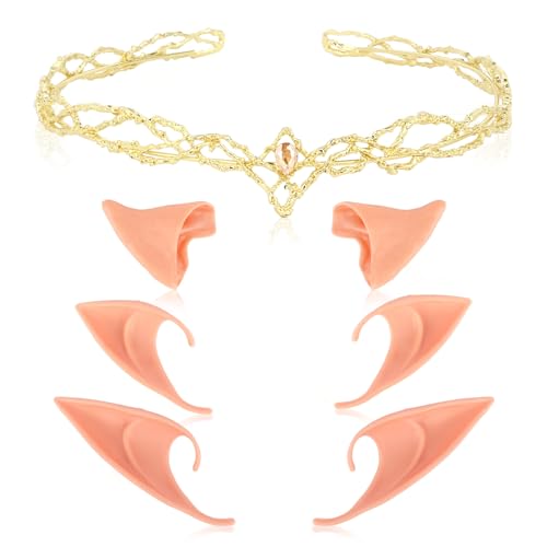 ANBALA Elf Ears and Elf Crown Set Including 3 Pairs Soft Fairy Ears Rhinestone Fairy Crown for Women Reneaissance Accessories for Halloween Cosplay Costume (Gold/Gold)