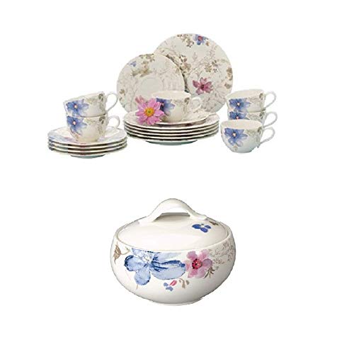 Villeroy & Boch Mariefleur Gris Basic Kaffee Set für bis zu 6 Personen, 18 teilig, Premium Porzellan, weiß/Blau/Grau + Mariefleur Gri Zuckerdose, Premium Porzellan, 1 teilig
