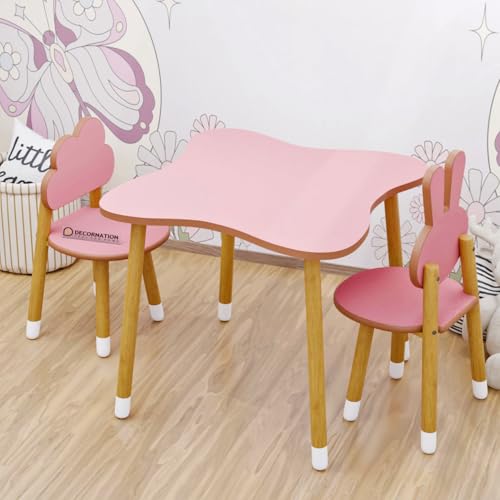 Image of DecorNation Kids Table & Chair Set - Cloud & Bunny Design, Solid Wood Legs, Pink Play Table with 4 Chairs - Study, Play & Activity Furniture for Toddlers & Children