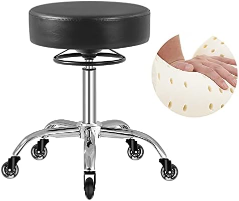 Mineloff Rolling Stool with Wheels 400lbs Weight Capacity,Heavy Duty Lash Chair Adjustable for Tatoo Lab Massage Salon Spa Drafting Nail Teach,360 Swivel,Leather,Thick Seat Padding (Black)