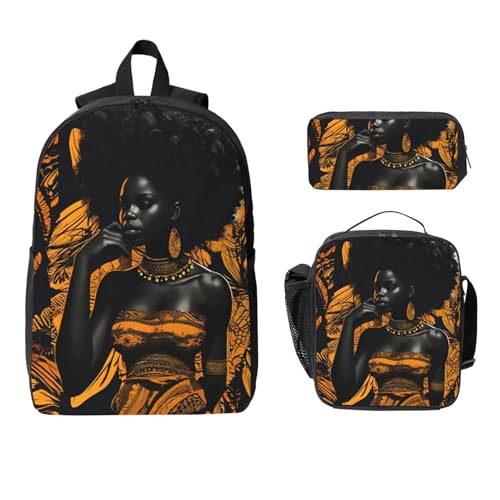 African retro print Backpack Bookbag for Daily Use,3 Pcs Backpack Set with Lunch Box and Pencil Case2