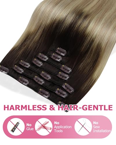 Image of YoungSee Ombre Clip in Hair Extensions 18 Inch Invisible Clip on Hair Extensions Human Hair Medium Brown Ombre Golden Blonde Mix Platinum Blonde Balayage Clip in Extensions Real Human Hair 120G 7Pcs