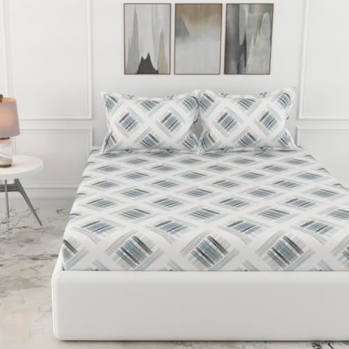 Image of LORETO - A QUALITY LINEN BRAND 186 TC 100% Pure Cotton Double /Queen Fitted Bedsheet with 2 Pillow Covers for 78 x 60 Inch Mattress, All-Around Elastic, 8 Inch Deep Pocket, Mist & Charcoal Grid