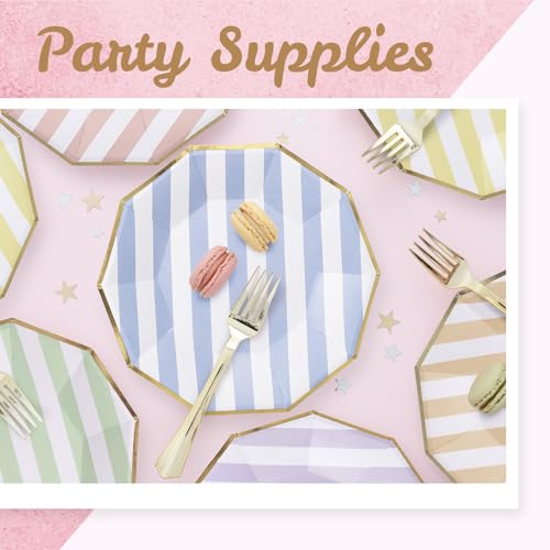 Image of Party Paper Plates, 50-Pack 9-Inch Bulk Disposable Decorative Paper Plates with Gold Decagon Trim, 6 Assorted Colors for Tea Party, Easter, Garden Party, and Bridal Showers, Gilded Pastel Stripeworks