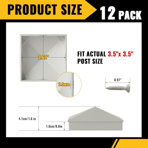 Image of VIVIDA 4x4 Aluminum Post Caps(Actual 3.5 inch x 3.5 inch), Metal Fence Post Caps with Waterproof Matte Powder Coated, for Wooden Fence, Deck, Mailbox, Patio, Screw & Driver Bit Included, White, 12 Pack