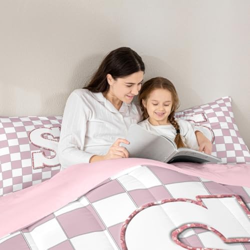 Image of Erosebridal Pink Initial S Kids Comforter Sets Kawaii Plaid Checkered Full Bedding Set for Girls Teen Women Cute Personalized Monogram Comforter Set,Fashion Grids Gingham Quilt Duvet 3 Pcs