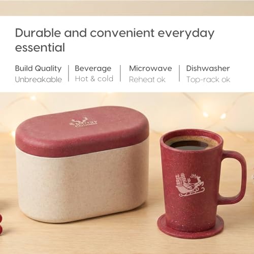 Image of Eha Earth-Friendly Christmas Gifts for Friends and Family | Secret Santa Gifts | Made with Rice Husk | Printed Christmas Mug and Coasters Set of 2, Keychain & a Loopac Box | 350 ml | Coral