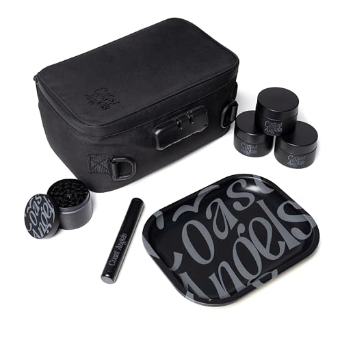 COAST ANGELS Geruchsdichte Tasche mit Zubehör-Set – Stash Box mit Grinder, 3 Gläsern, Rolling Tray & Tube – Abschließbare Tasche als Geruchsdichte Box für Zuhause, Reisen und Geschenke