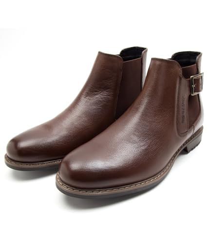 Image of Thomas Crick Men's Teak Leather Chelsea Boots - Premium Welted Sole, Cleated Grip, Metal Buckle, Office & Weekend Style