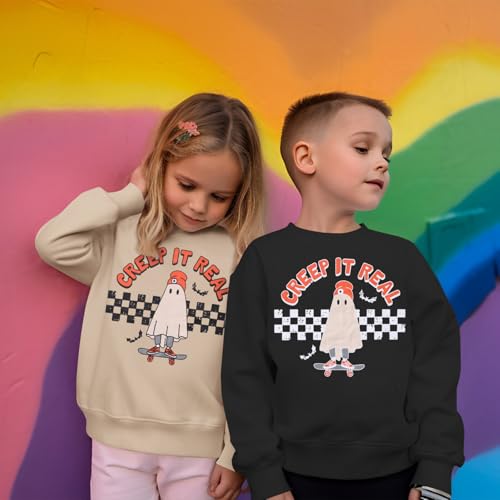 Kids Boy Girl Halloween Sweatshirt Ghost Creep It Real Crewneck Sweater Shirt Tops Spooky Season Fall Clothes 7-13Y2