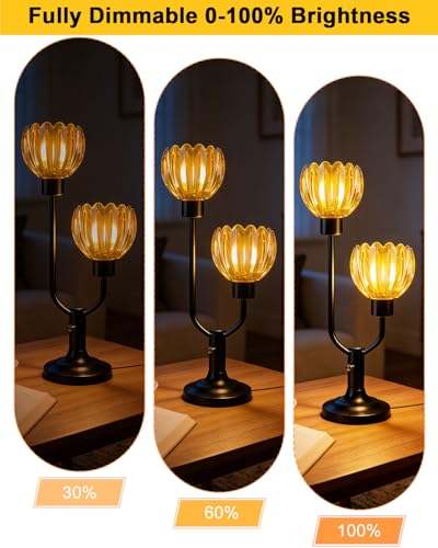 Image of Lightdot Mid Century Modern Flower Table Lamp for Bedroom Black Dimmable | Nightstand Lamp Amber Glass Vintage Desk Lamp 2 Bulbs Included Warmwhite Ambient Bedside Lamp for Living Room Home Decor Gift