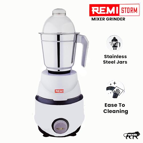 Image of REMI 800 W Mixer Grinder With 3 Jars (3 Stainless Steel Jars) 4 Super Efficient Stainless Blades 2 Years Warranty White-Gray (STROM 800 W)