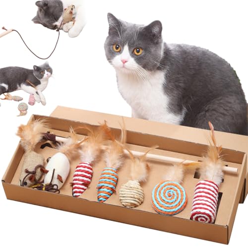 JNEYVIC 7 Stück Katzenangel Natur Katzenspielzeug Holzstab Interaktive Katzen Federspielzeug Lange Spielangel Katze Holz Katzenspielzeug Zauberstab...