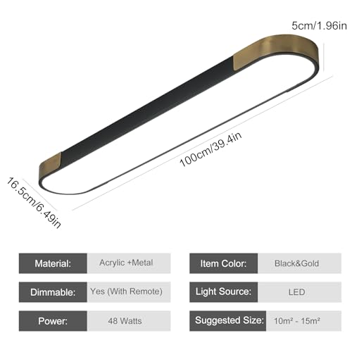 Qcyuui Kitchen Lighting Fixtures Ceiling,39.4 Inch Dimmable Modern Led Ceiling Light,Black and Gold Long Linear Ceiling Light Fixture for Office Bedroom Kitchen Hallway,(48W/3000-6500K)