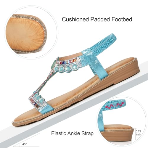 Image of iCKER Womens Rhinestone Strappy Flat Sandals Elastic Ankle Strap Open‑Toe | Sparkling,for wedding,party,evening dates,special occasion,Vacation,Formal