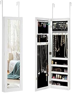 CASART LED Lighted Jewelry Cabinet, Wall & Door Mounted Jewelry Armoire with Full-Length Mirror, Adjustable Hanging Storage Makeup Box Jewelry Organizer