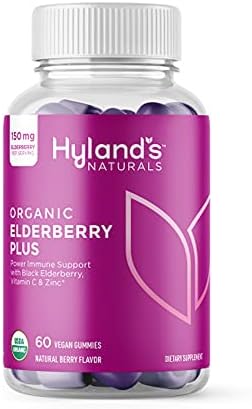 Hyland’s Naturals Organic Elderberry Plus Gummies, Organic Black Elderberry with ZINC and Vitamin C, Immune Support Supplement for Adults, 60 Vegan Gummies (30 Days)