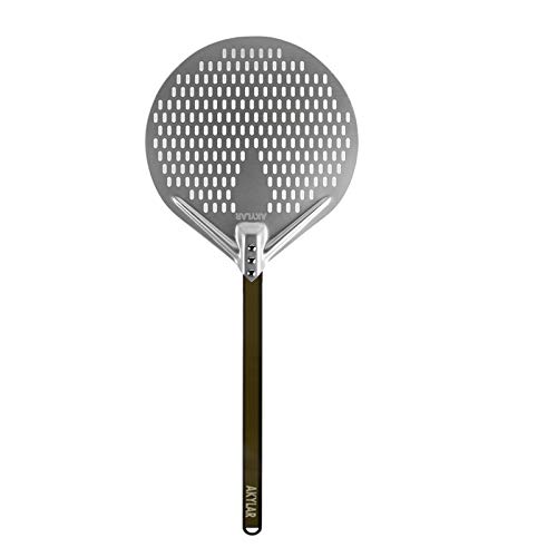 Perforated Pizza Peel14 Inch by AKYLAR - Round Pizza Spatula Paddle for High Temp Baking - Aluminum Pizza Peel Perfect for Pizzas, Cakes and Pies - Long Handle Makes Cooking Safe - 14 x 24 Inch