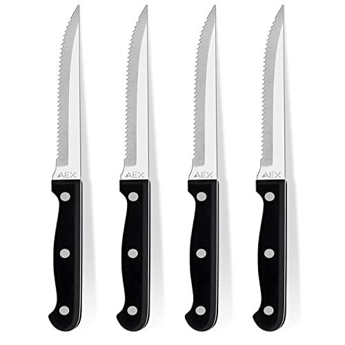 AEX Stainless Steel Knives Set Kitchen Knife Full Tang Durable Serrated Edges Steak Knives Sets Comfortable Grip Handle Dinner Table Knives Cutlery Set (4X Steak Knives) AEX Stainless Steel Knives Set Kitchen Knife Full Tang Durable Serrated Edges Steak Knives Sets Comfortable Grip Handle Dinner Table Knives Cutlery Set (4X Steak Knives)