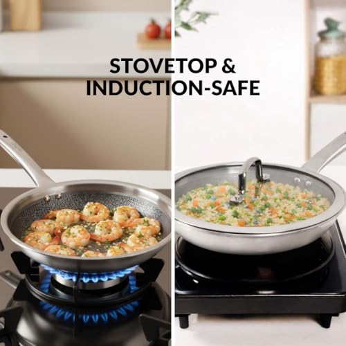 Image of Nestasia Triply Stainless Steel Honeycomb Fry Pan with Glass Lid 26 cm (2L) - Non Stick Frying Pan with Air Vent Lid for Healthy Cooking | Induction & Gas Stove Friendly, Even Heating, Less Oil Use