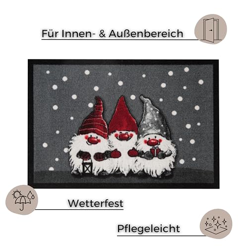 Hanse Home Printy Fußmatte für Innen und Außen 40x60cm - Schmutzfangmatte Türmatte Christmas Dwarfes mit Zwergen-Motiv Waschbar & Wetterfest, rutschfest für Eingangsbereich & Außenbereich – Grau