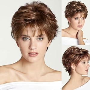EMMOR Short Brown Human Hair Wigs for Women Blend with Healthy Memory Fiber Pixie Curly Wig With Bang,Natural Daily Use Hair (Medium Brown)