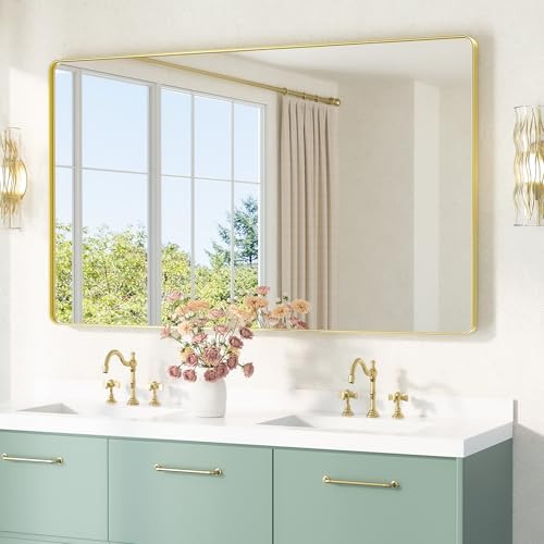 Image of TETOTE 60 x 36 Gold Mirror Brushed Gold Metal Framed Bathroom Mirror, Tempered Glass, Modern Farmhouse Wall Mounted Mirror for Decorative(Horizontal /Vertical)