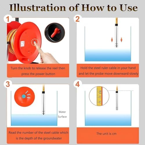 Water Depth Meter 10-400m, Stainless Steel Probe with Buzzer Alert, Groundwater Level Gauge & Voltmeter for Wells, Boreholes, Pipes - Durable Steel Tape, Accurate Measurements