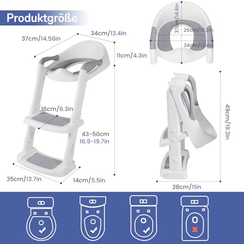 DEANIC Toilettensitz Kinder mit Treppe, Töpfchen mit Leiter,PU Gepolstert, Toilettenaufsatz für Kinder ab 1-7 jahre, Klositz für Kinder 38-47cm (Grau)