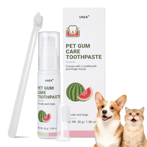 UNEK Dentifricio per cani e gatti, gusto anguria – Kit per la cura di gengive e dei denti, con 2 spazzolini, lenisce le gengive e rinfresca l’alito, 30 g