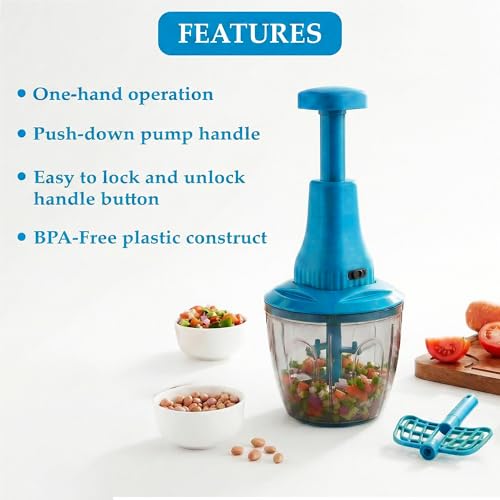Image of Chopper for Kitchen Use | 1100 ml RoundPush Chopper with 5 Blades and Whisker| Chopping Vegetables & Fruits, Onion, Ginger, Garlic, Salad, Tomato, Potato (Blue)