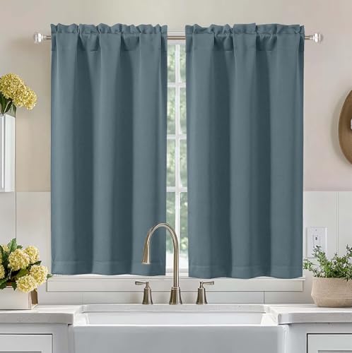 Image of Aiyufeng Stone Blue Short Blackout Curtains for Bedroom 45 Inches Long 2 Panels Set, Solid Thermal Insulated, Energy Saving Window Treatment Curtains Blackout Drapes, W40 x L45 Inch, Stone Blue