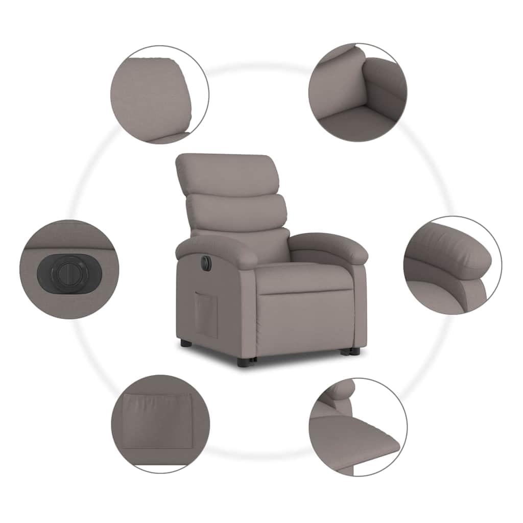 Sillón elevador eléctrico reclinable de tela color pardo con motor para elevación e inclinación automática a 135 grados, estructura estable y bolsillo lateral, asiento