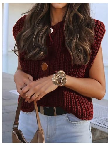 GORGLITTER Women's Button Up Cropped Sweater Vest Crewneck Sleeveless Knitwear with Pockets2