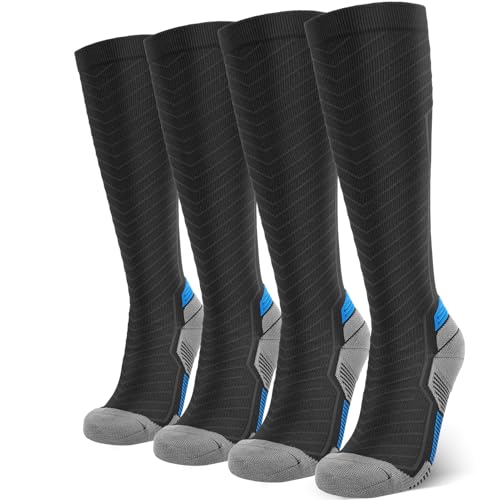 SONORAN 2 Pairs Compression Socks for Men & Women 20-30 mmHg Graduated Compression Socks Knee High Best Support for Running, Travel, Athletic L/XL（Black Blue）