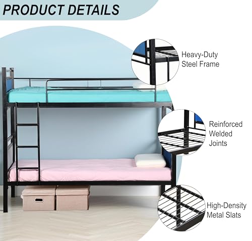 Image of Spacecrafts Adult Bunker Cot | Metal Bunk Bed Frame with Ladder | Mild Steel | Sturdy Guardrails | Space-Saving Design | Frame only | Mattress Not Included (Size: L:202, W:99, H:167 CM)